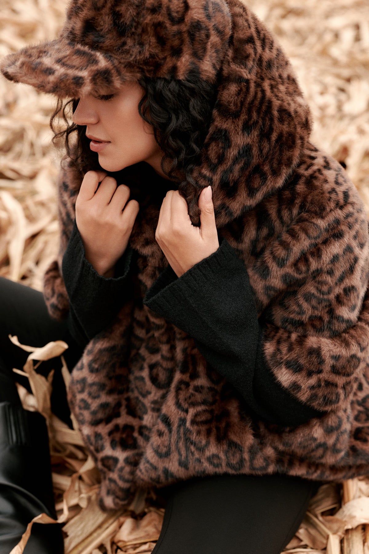Leopard Short Hair Hooded Poncho