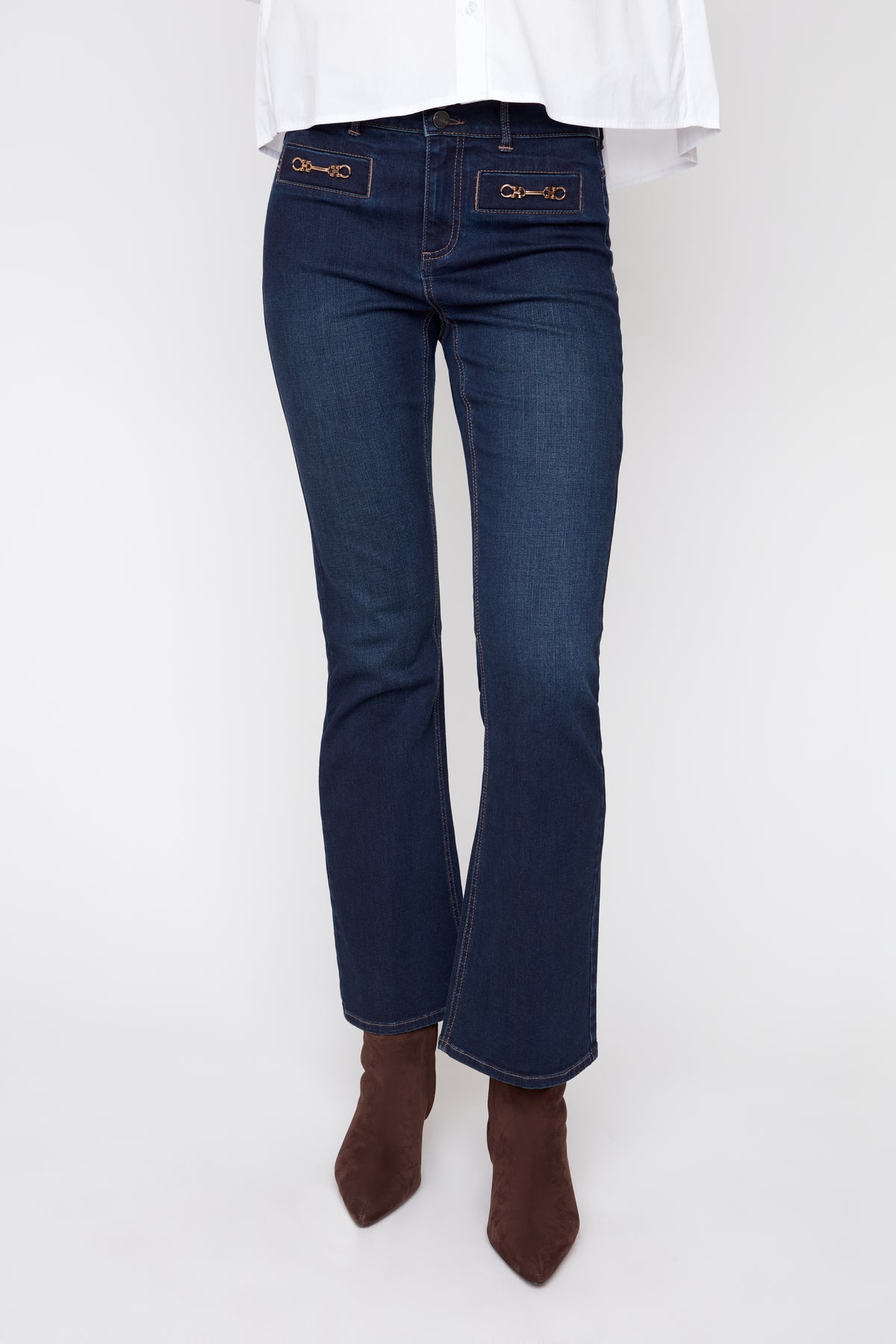 Bootleg Horsebit Detail Denim Pants - Dark Indigo