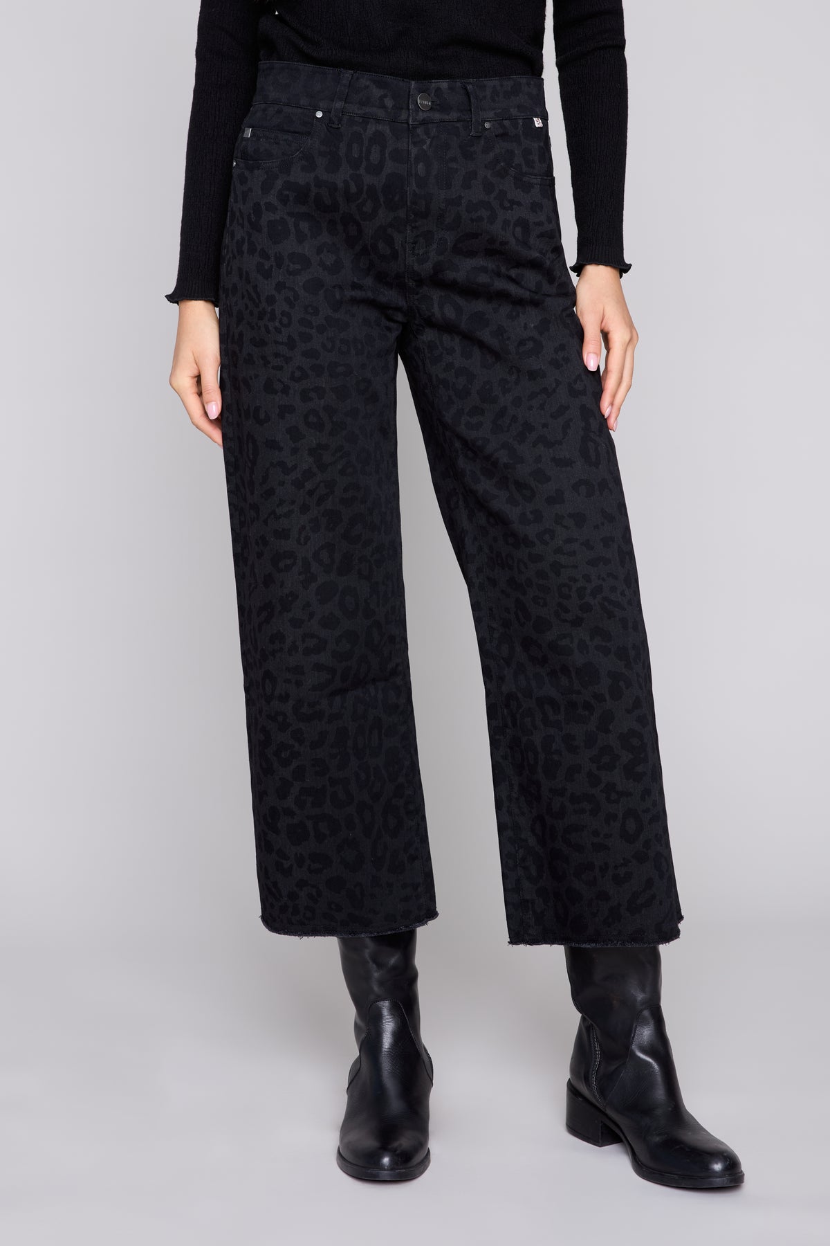 Leopard Cropped Wide-Leg Stretch Denim Pants