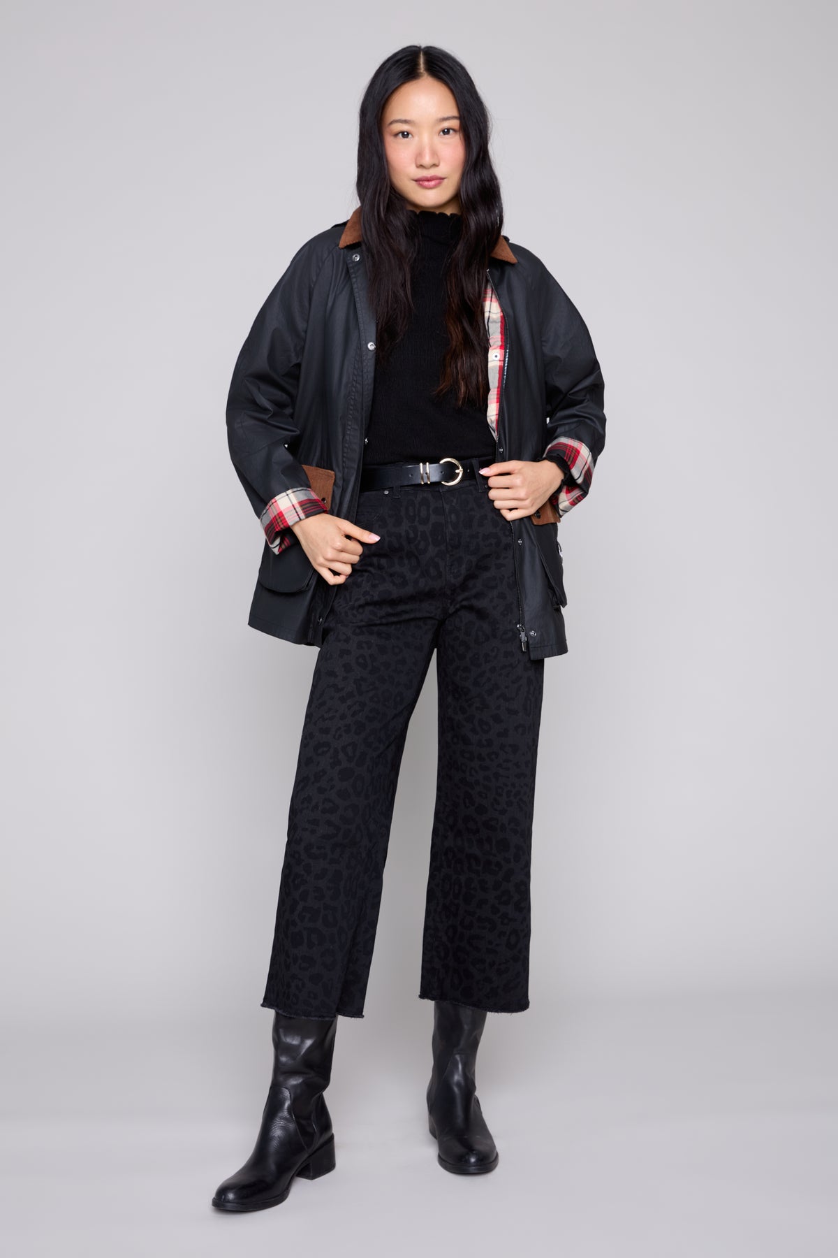 Leopard Cropped Wide-Leg Stretch Denim Pants