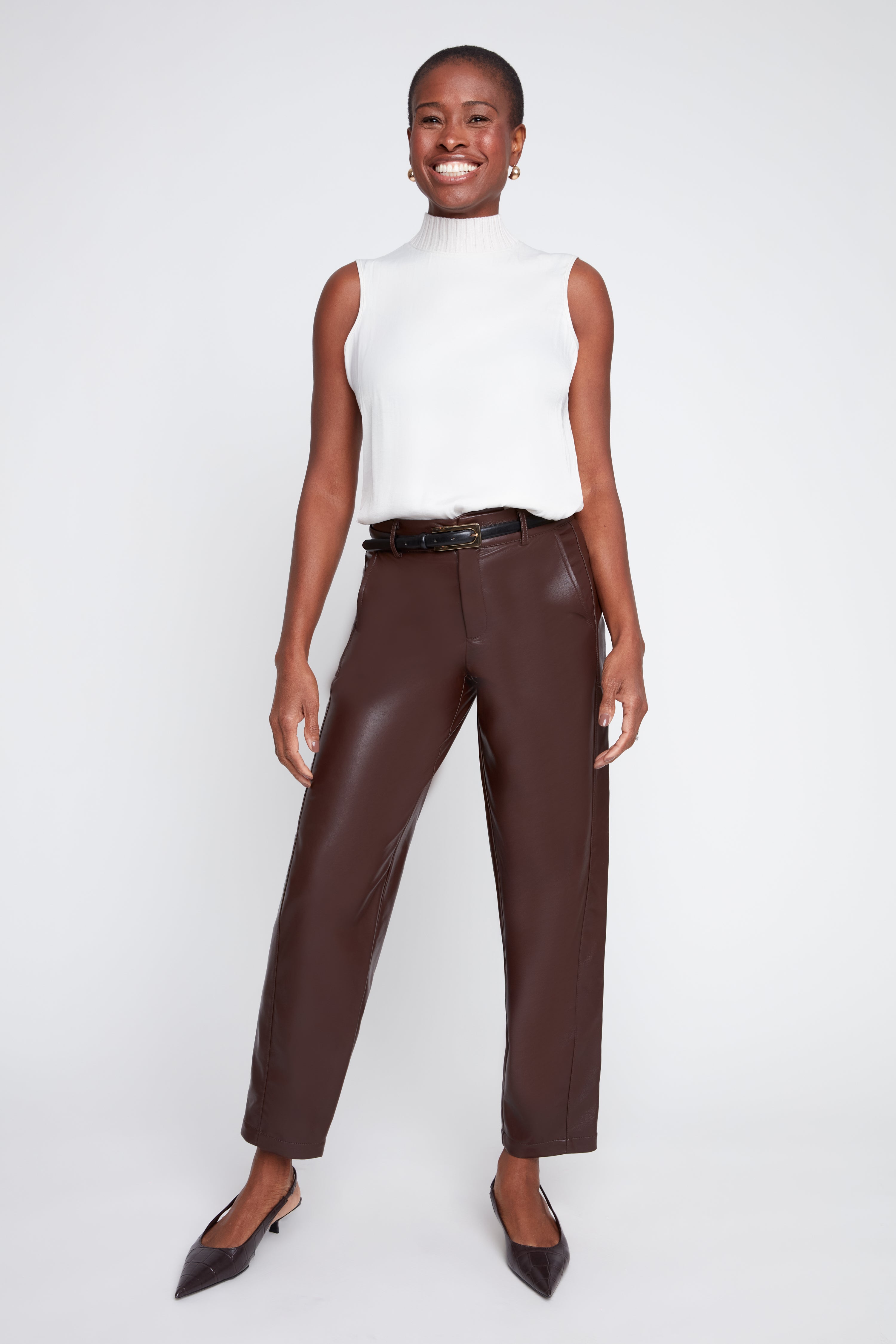 Lux Pleather Barrel-Leg Pants – Tobacco