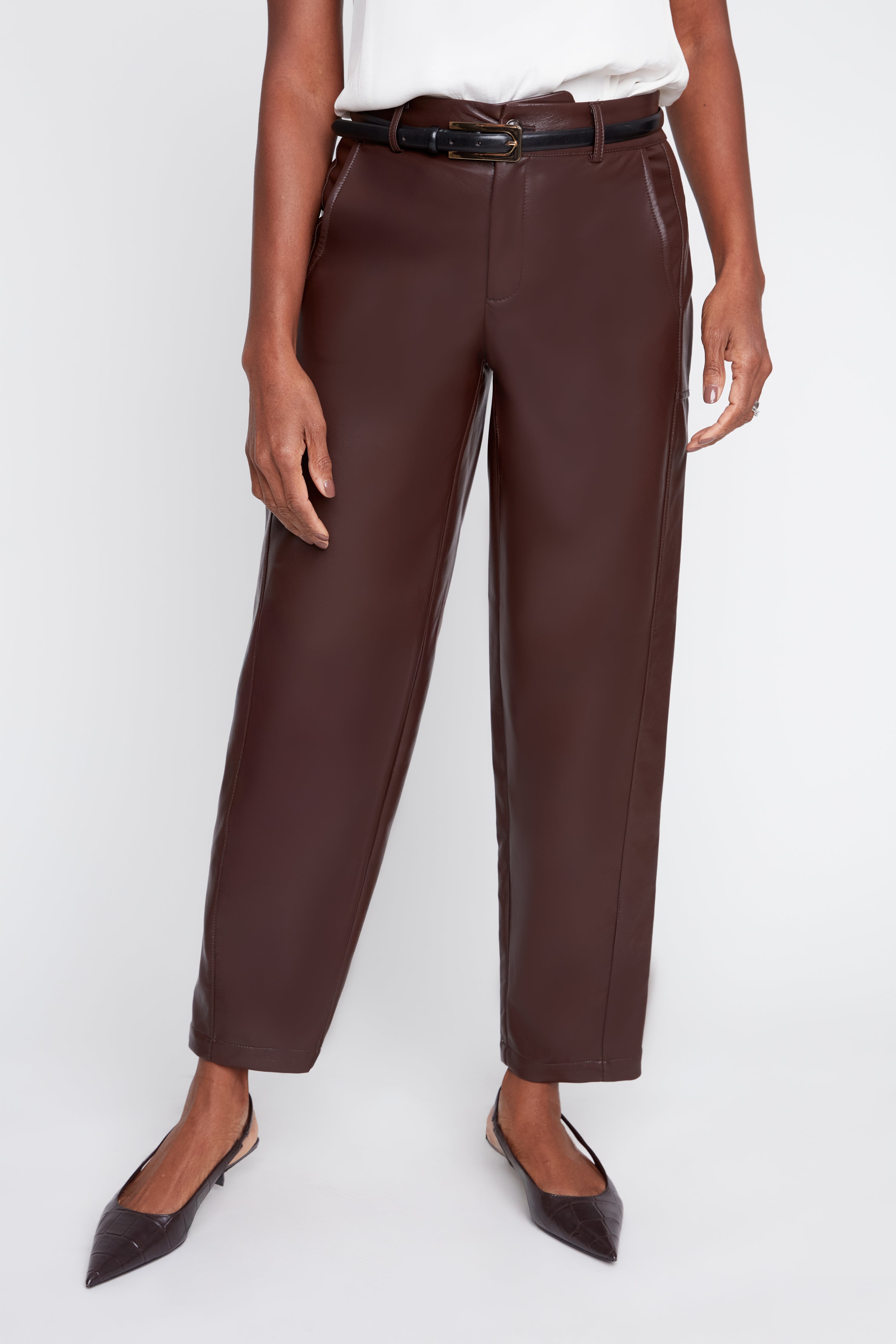 Lux Pleather Barrel-Leg Pants – Tobacco