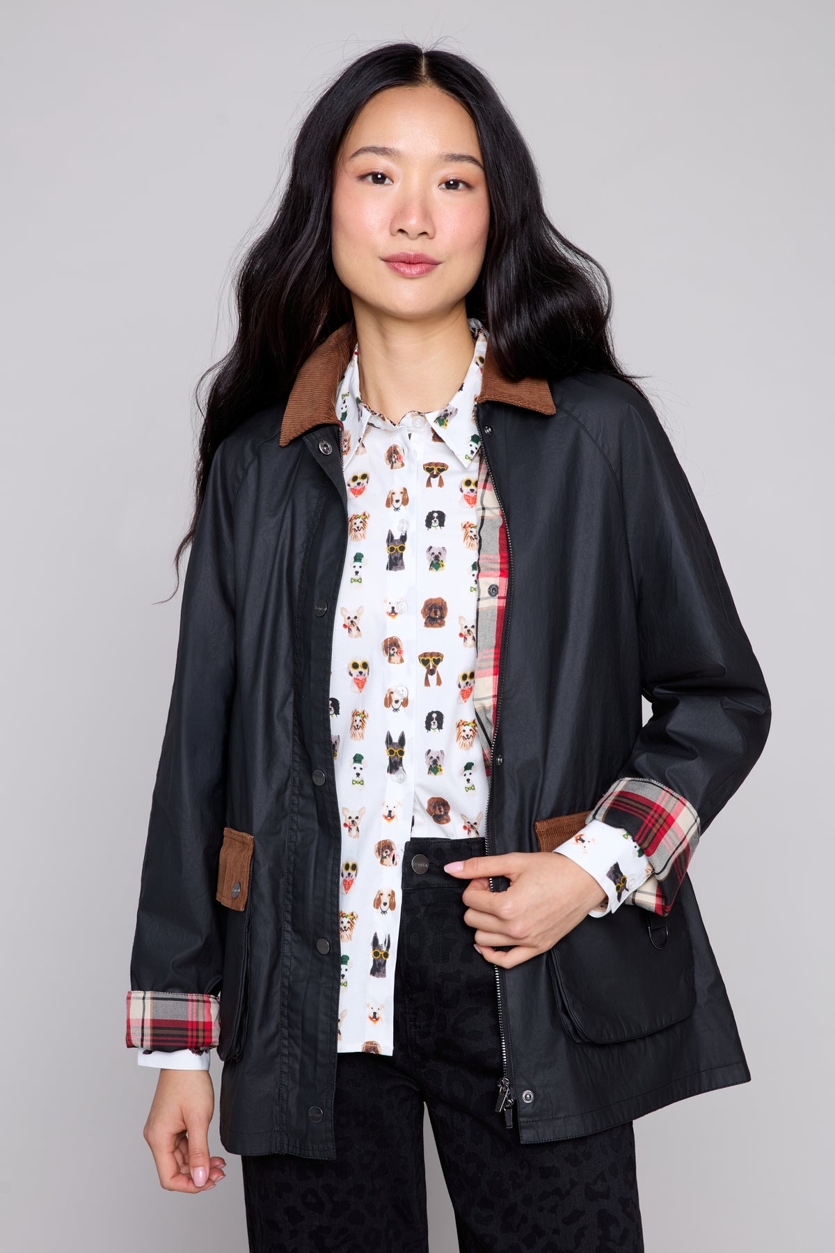 Waxed Windproof Barn Jacket with Plaid Lining Black