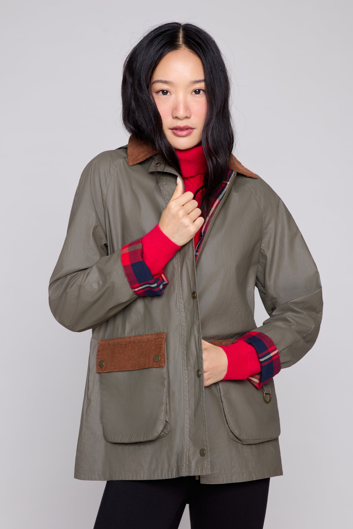 Waxed Windproof Barn Jacket with Plaid Lining Khaki