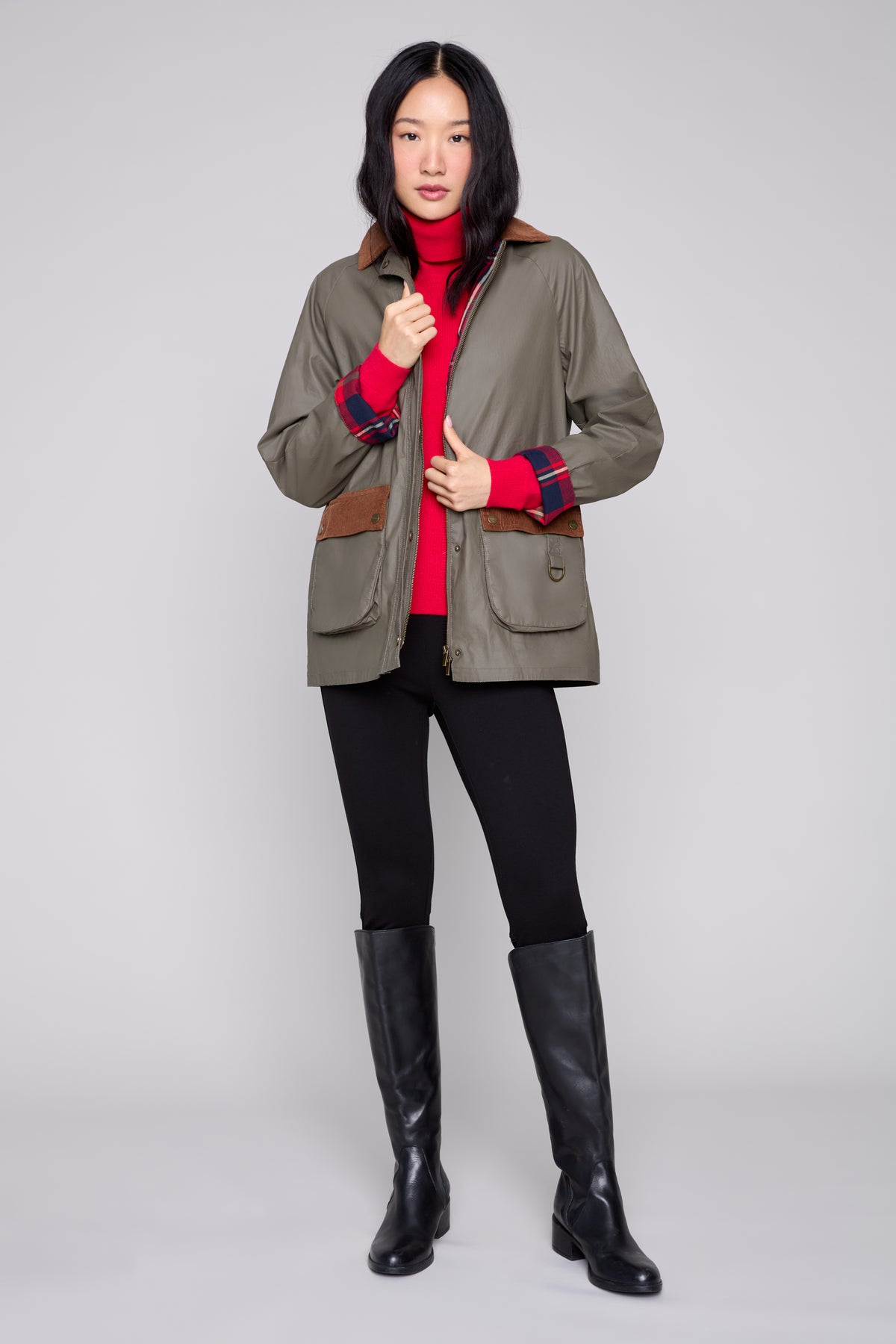 Waxed Windproof Barn Jacket with Plaid Lining Khaki