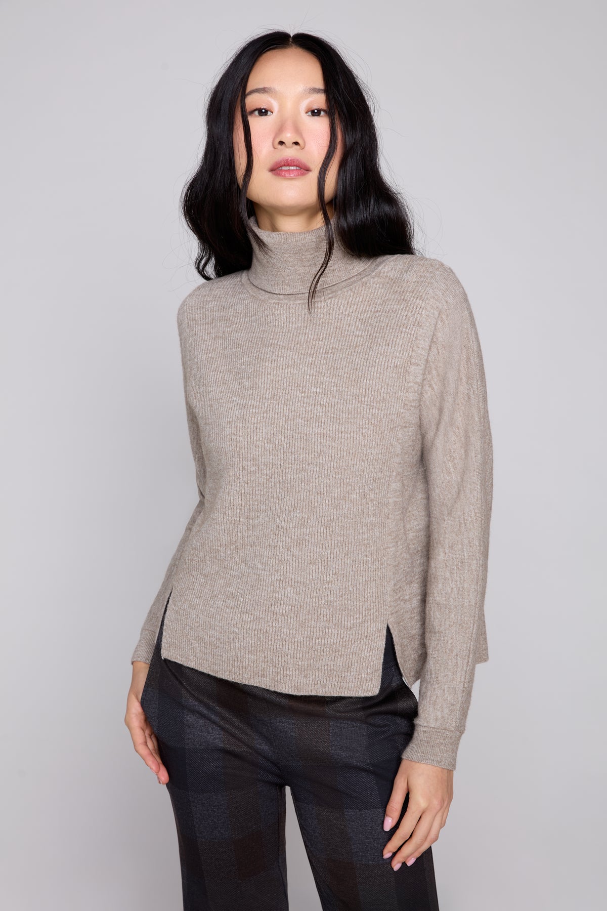 Turtleneck Sweater with Rib Inserts and Front Slit - Heather Taupe