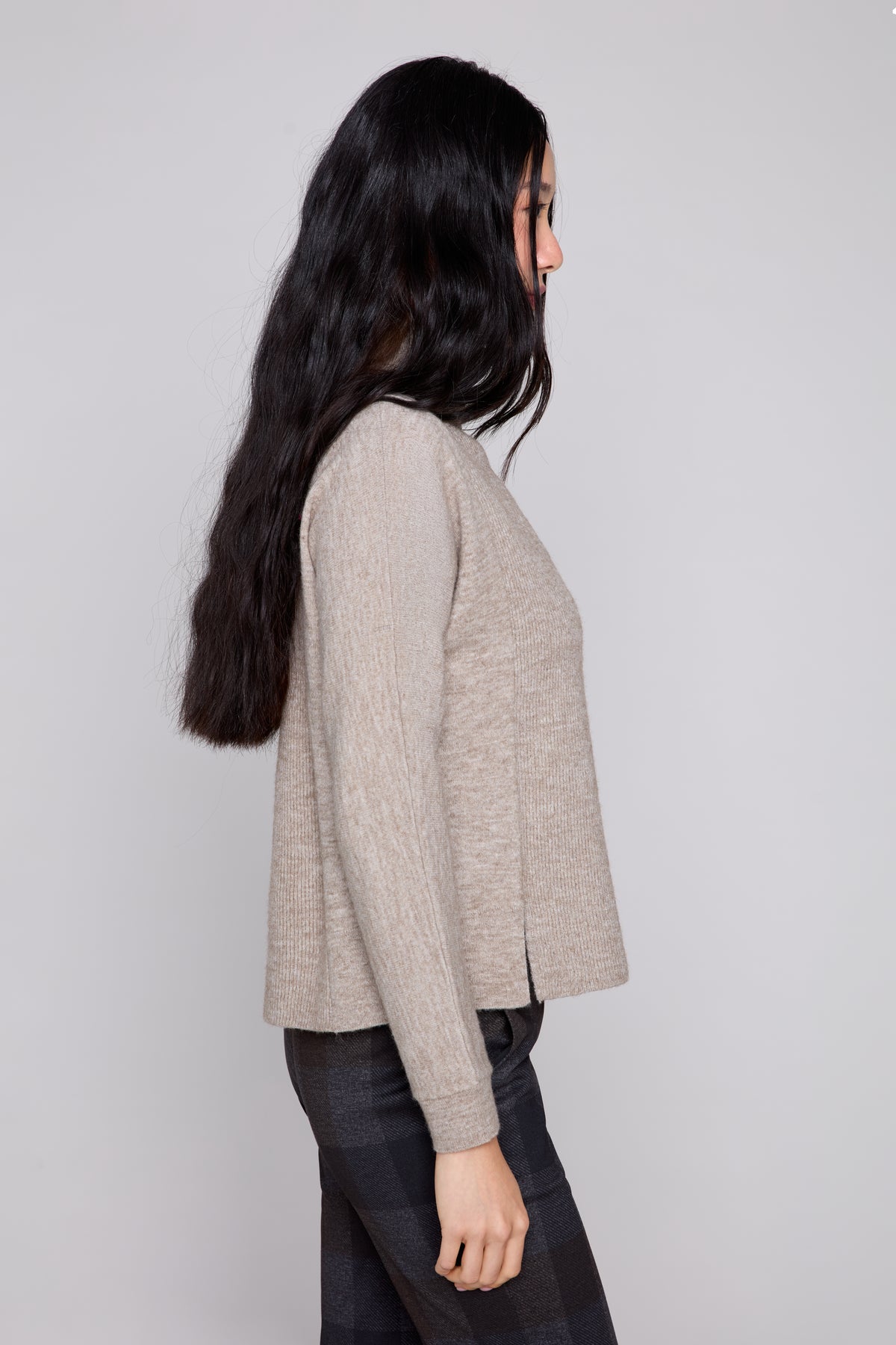 Turtleneck Sweater with Rib Inserts and Front Slit - Heather Taupe