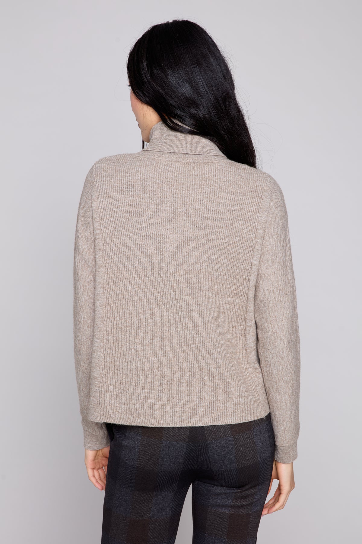 Turtleneck Sweater with Rib Inserts and Front Slit - Heather Taupe