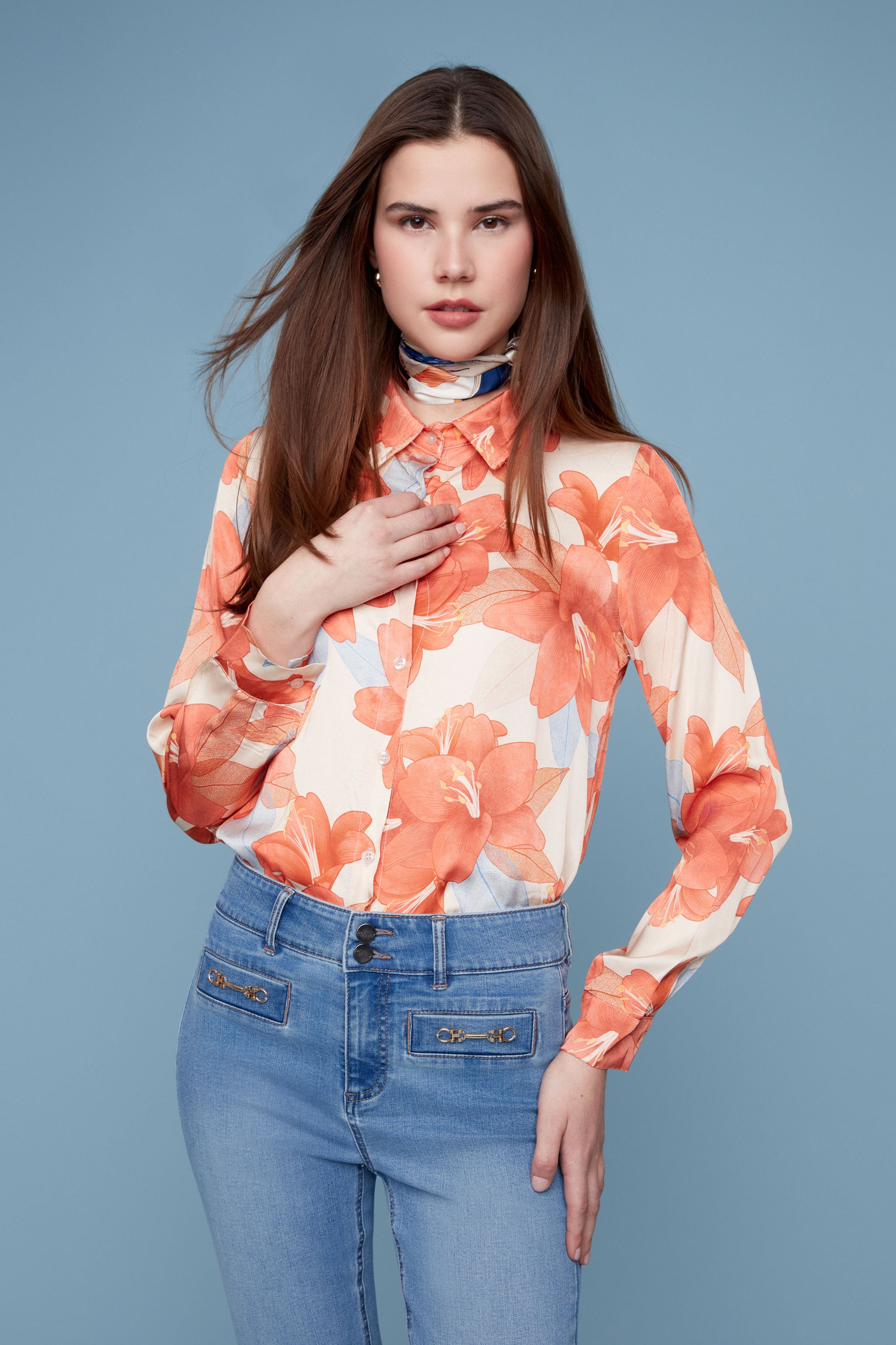 Floral Satin Blouse Orange