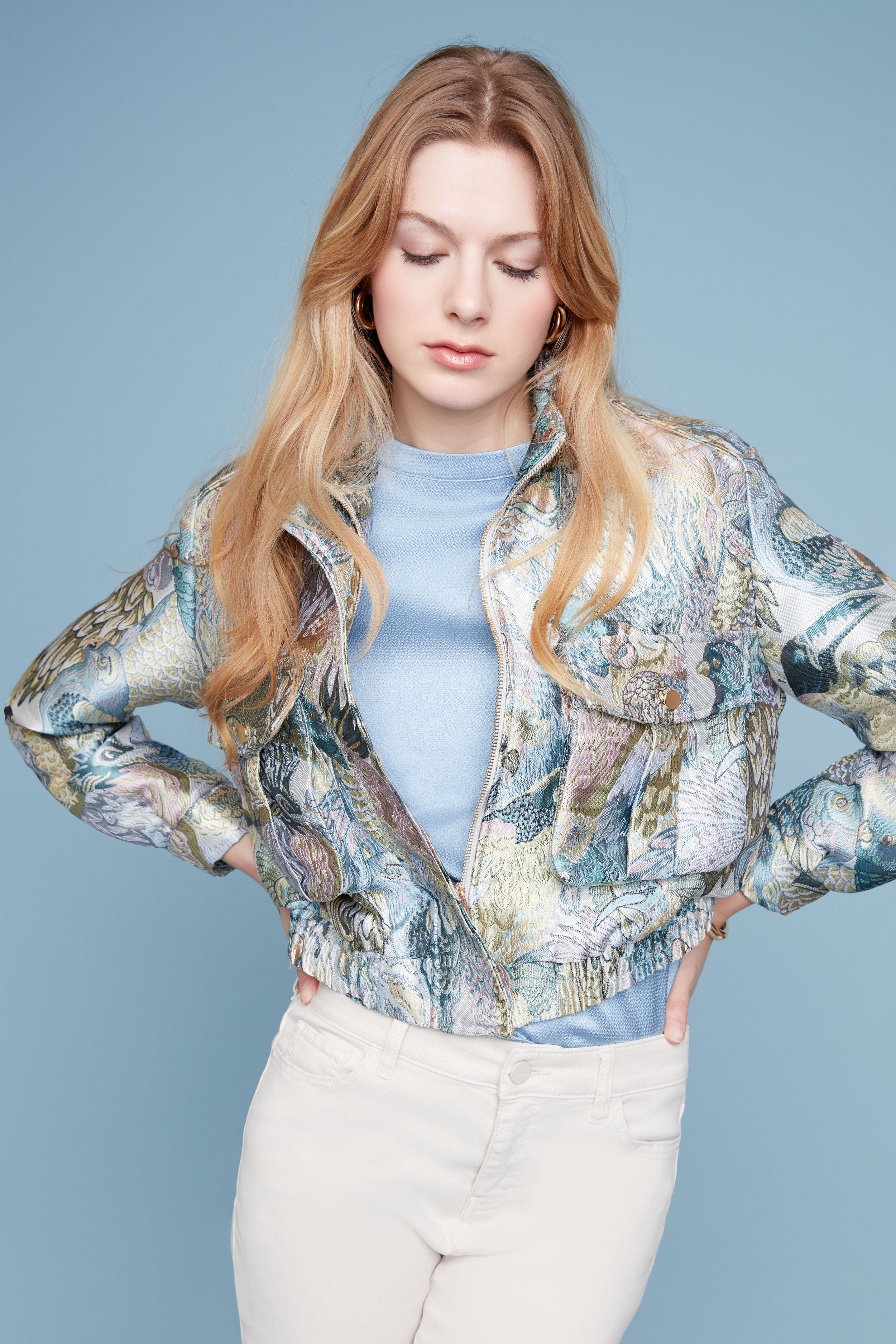 Tropical Brocade Bomber Jacket with Cargo Pockets Blue Combo