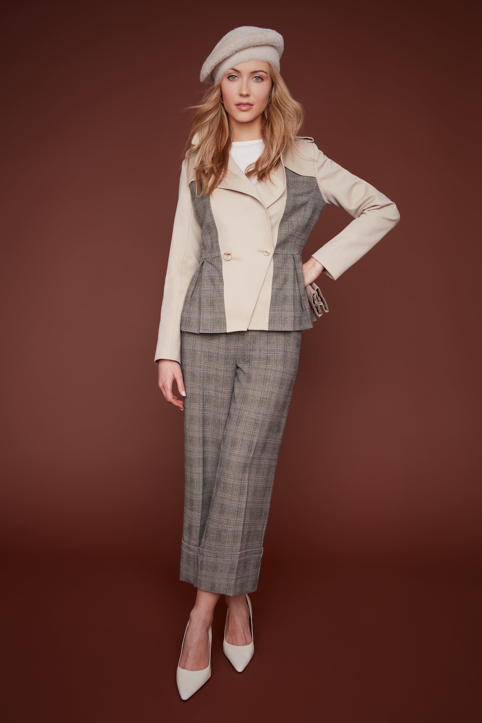 Brushed Check Pleated Peplum Blazer
