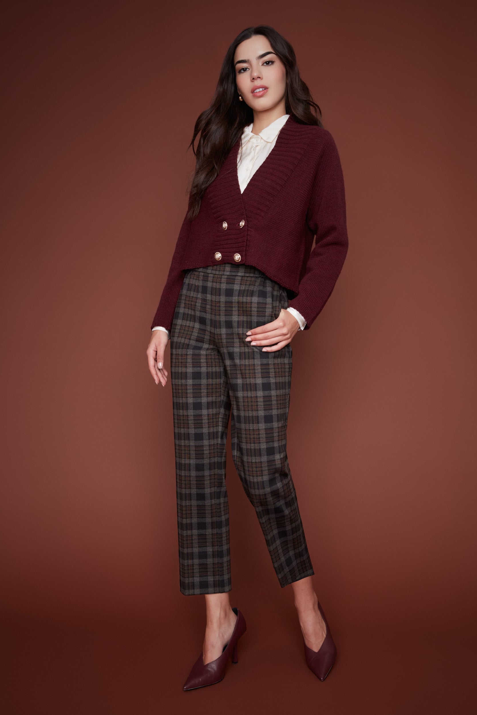Pantalon pull-on en maille à carreaux à chevrons