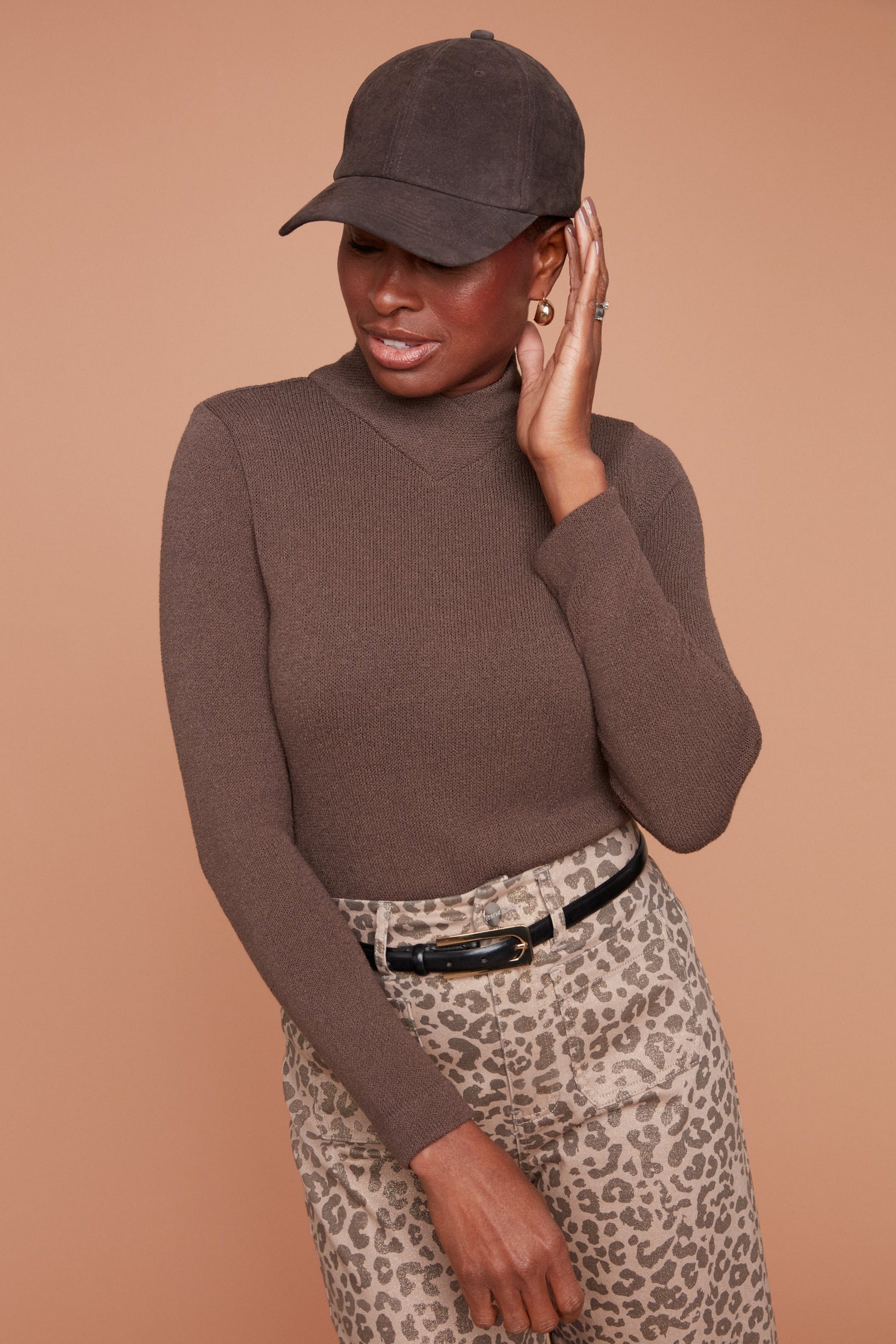 V-Mock Neck Knit Long Sleeve Top Chocolate