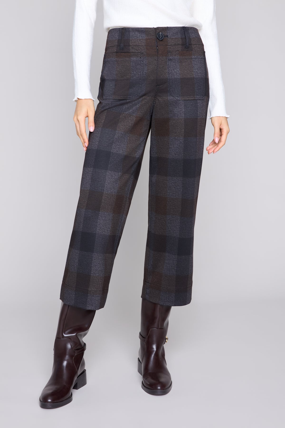 Bold Check Cropped Straight-Leg Knit Pants with Patch Pockets