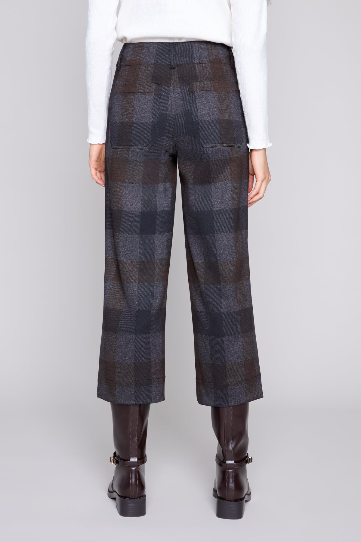Bold Check Cropped Straight-Leg Knit Pants with Patch Pockets