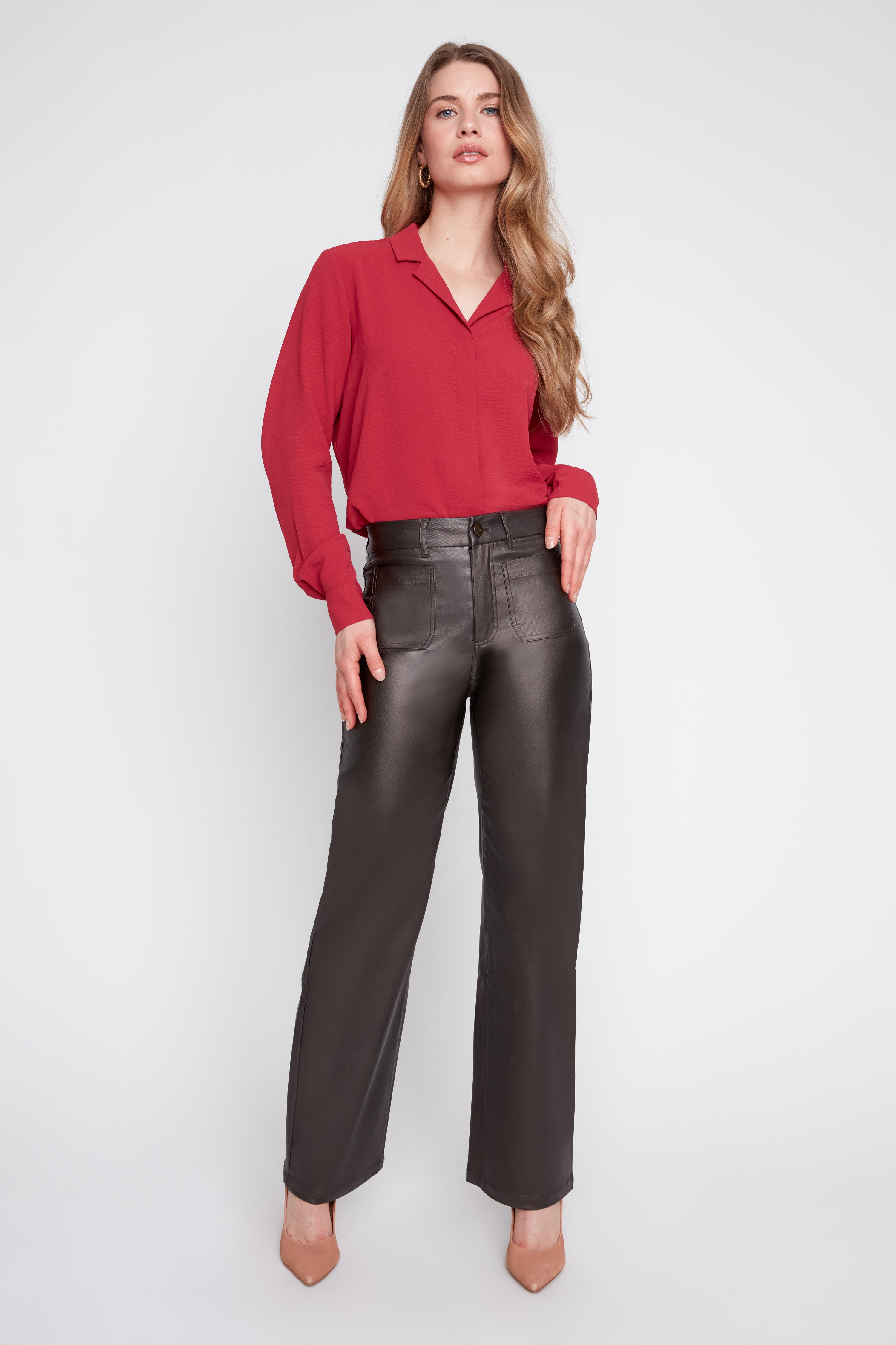 Pantalon droit stretch ciré chocolat