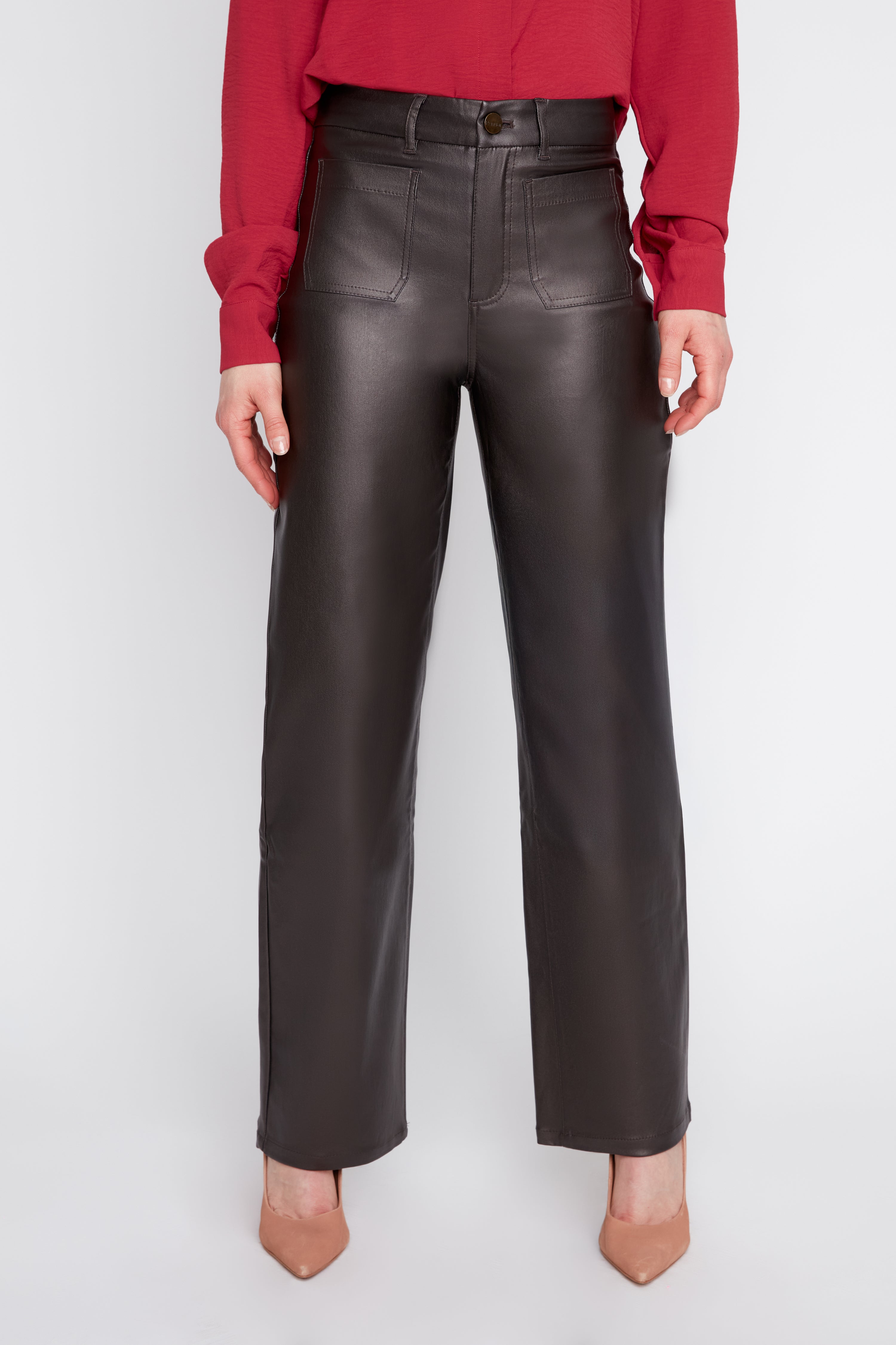 Pantalon droit stretch ciré chocolat