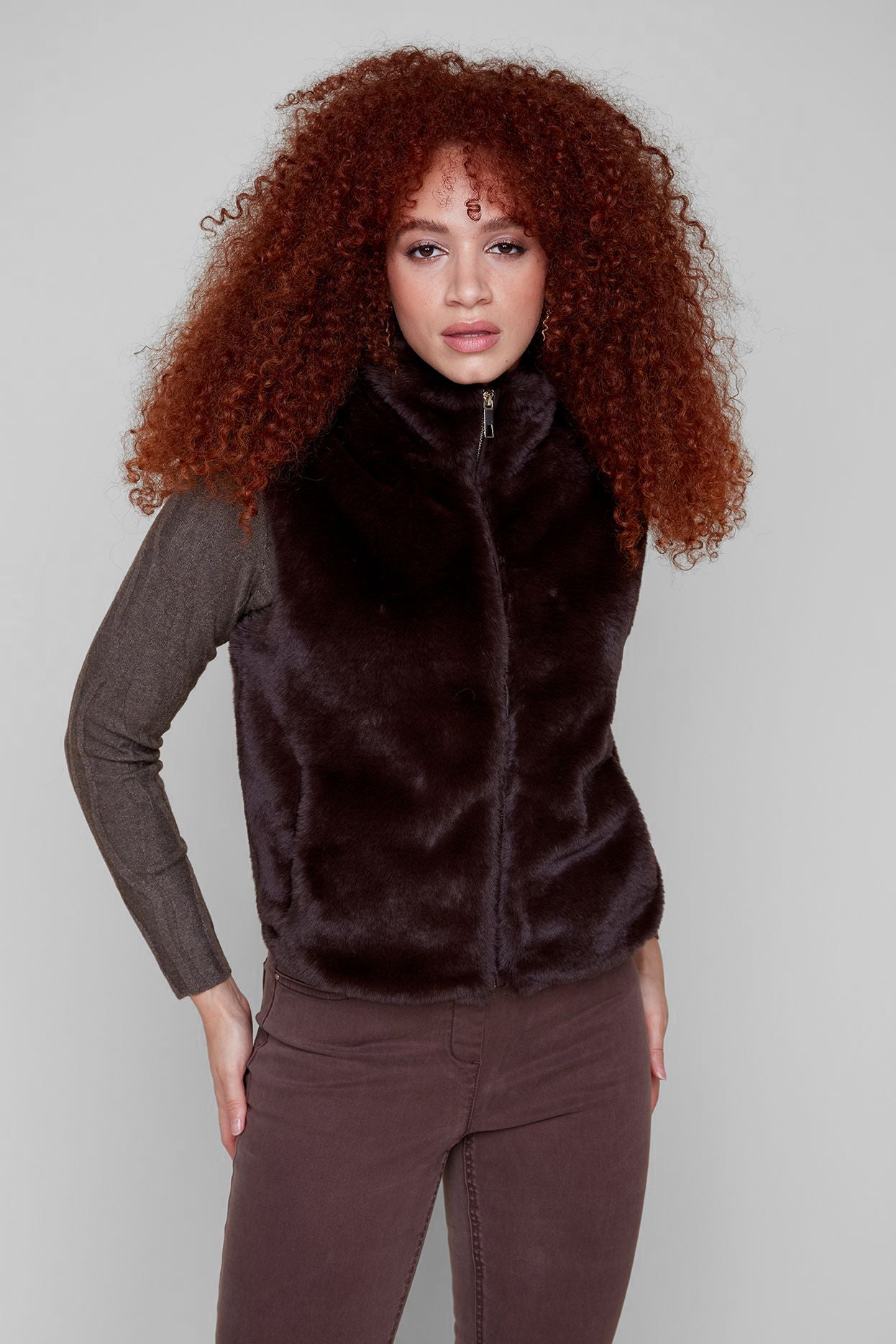 Solid Faux Fur Short Vest - Chocolate