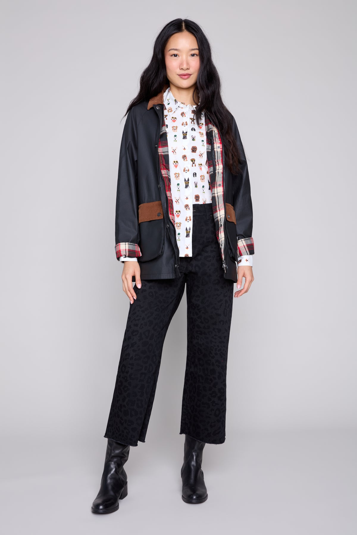 Veste de grange coupe-vent cirée avec doublure à carreaux noire