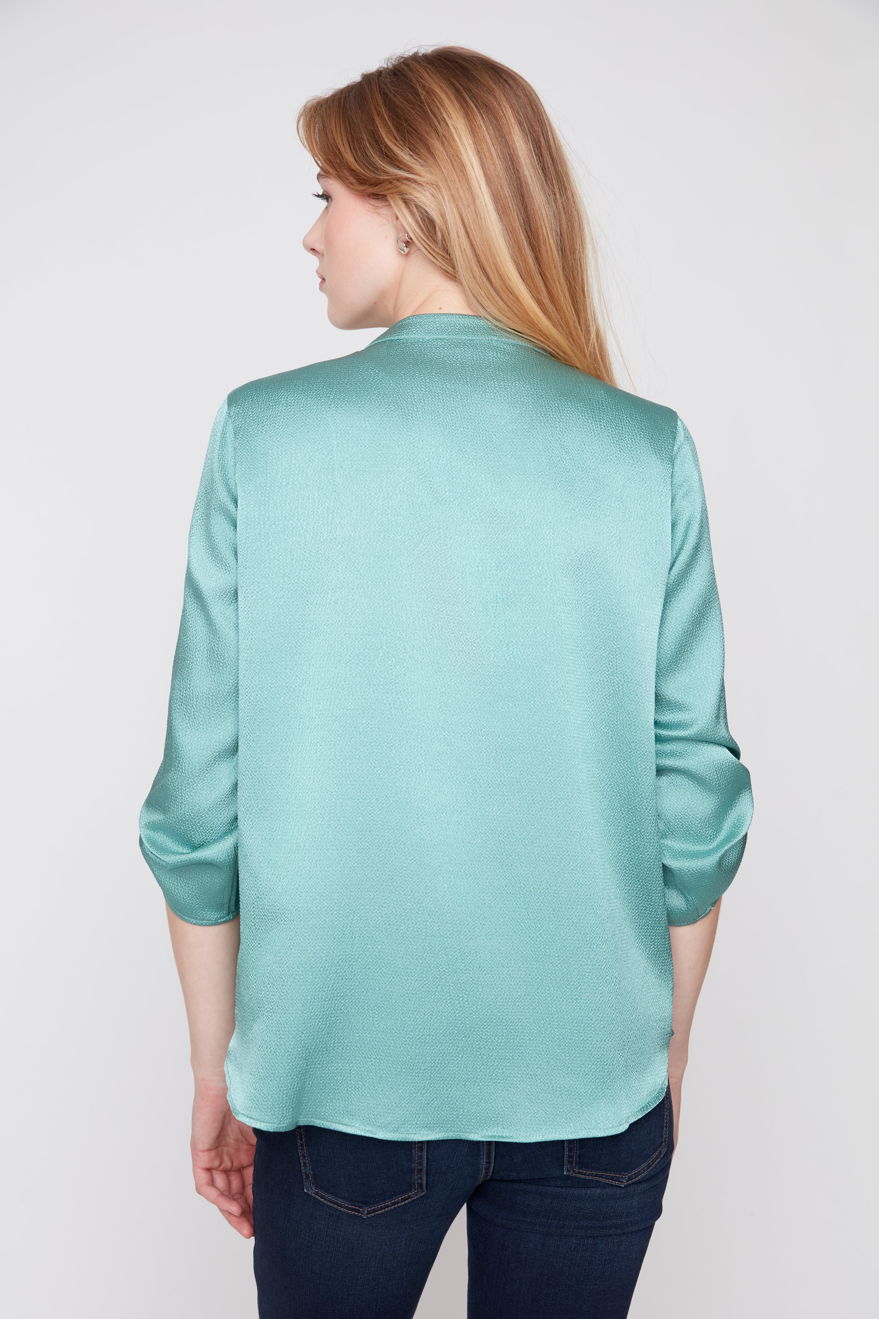 Waffle Texture V-Neck Blouse with Tab Sleeves Tea Tree