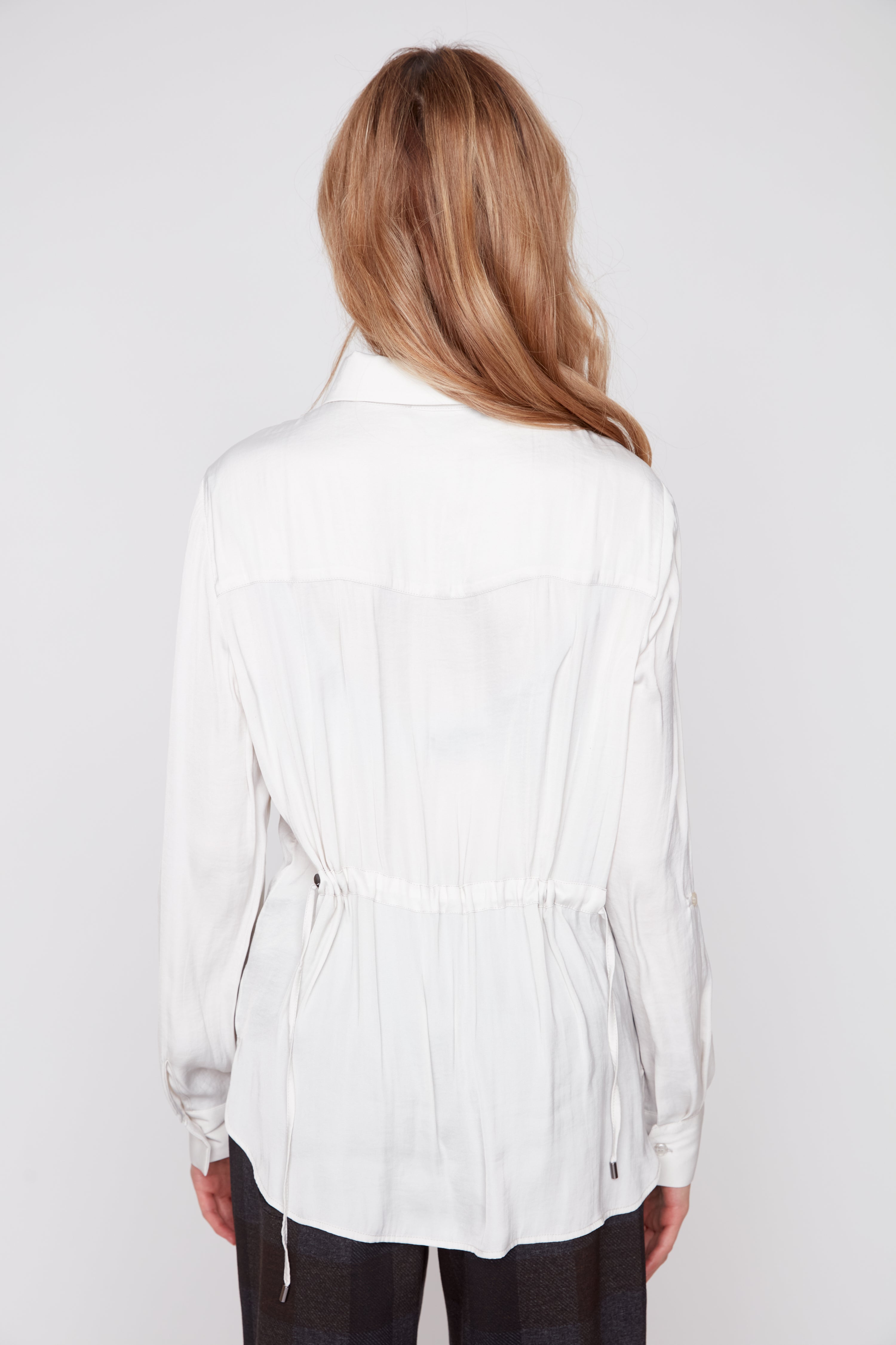 Silk Look Blouse with Drawstring Waist Oyster