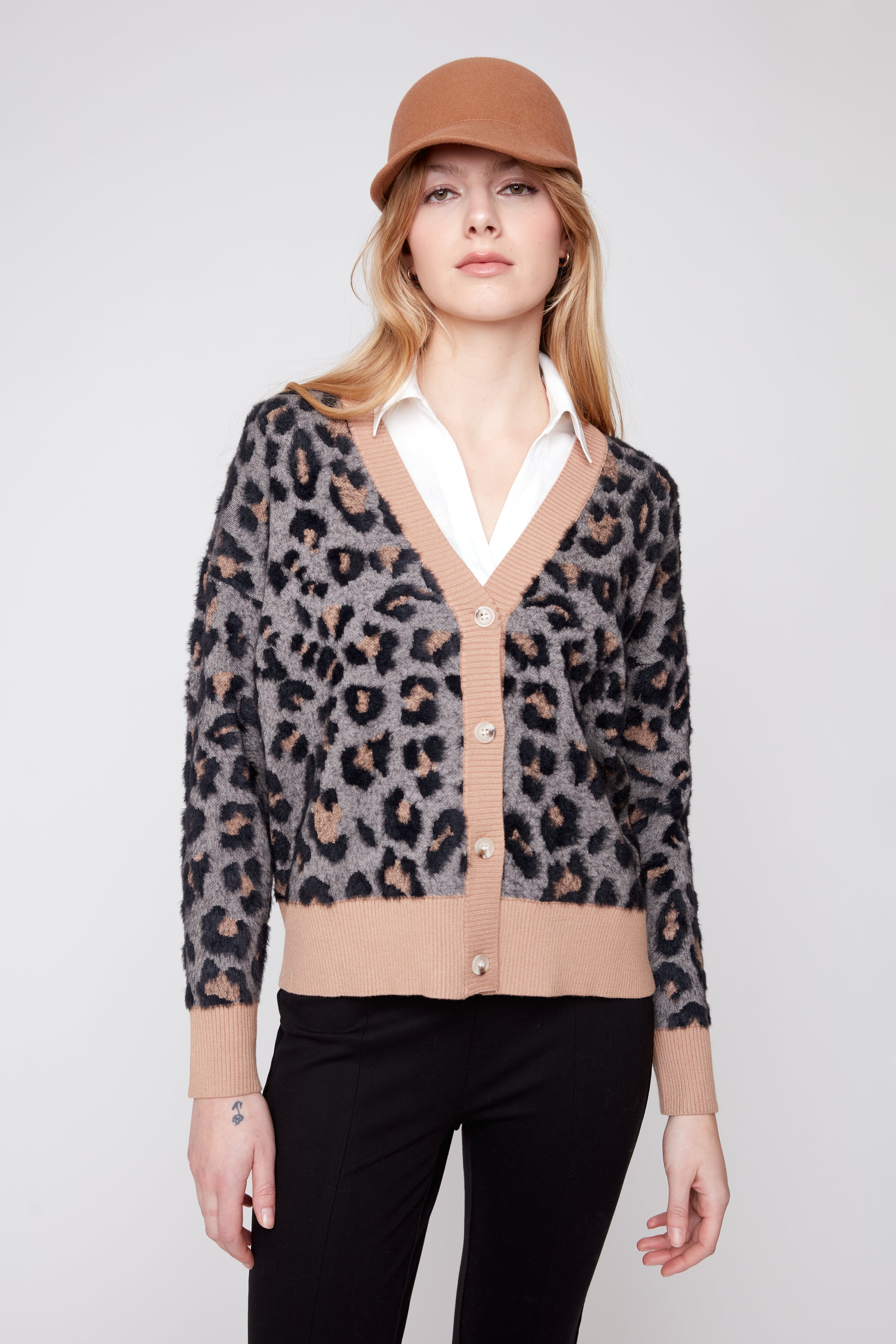 Cardigan en maille jacquard imprimé animal noir panaché